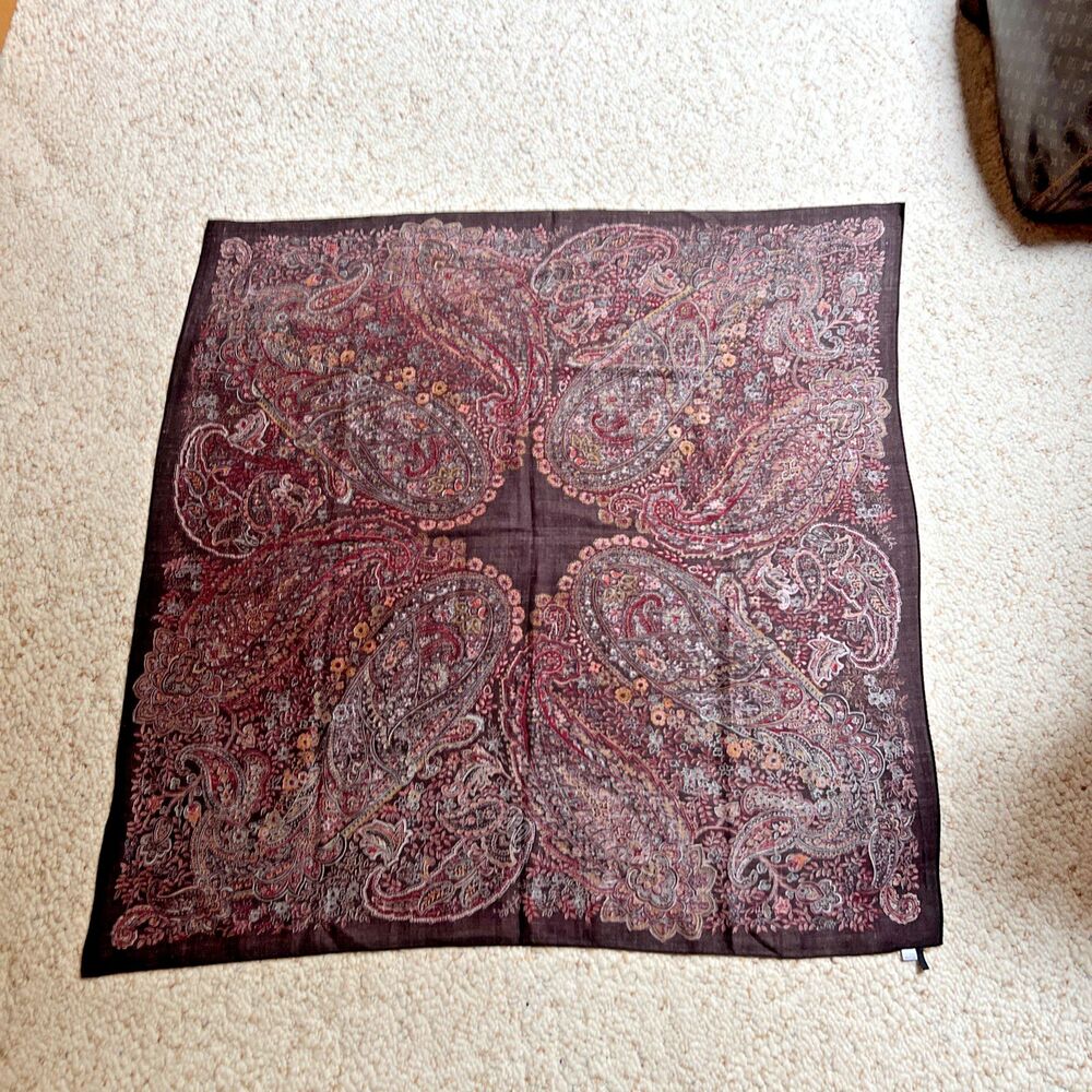 Talbots 44” x 44” Black Brown Burgundy Blue 80% Wool 20 Silk Paisley Print Scarf - Picture 4 of 6